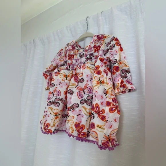 Peek Baby Girl Butterfly Print Smocked Dress Pink Orange Long Sleeve Size 6-12M - Picture 5 of 10